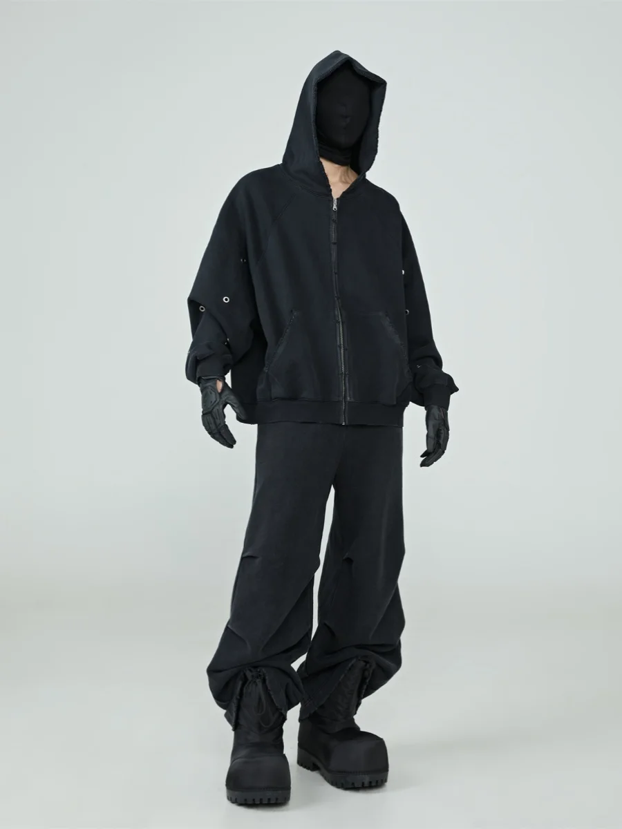 

Heavy Worn Looking Washed-out Perforated Sweater Spring and Autumn New Hooded Cardigan Coat Men
