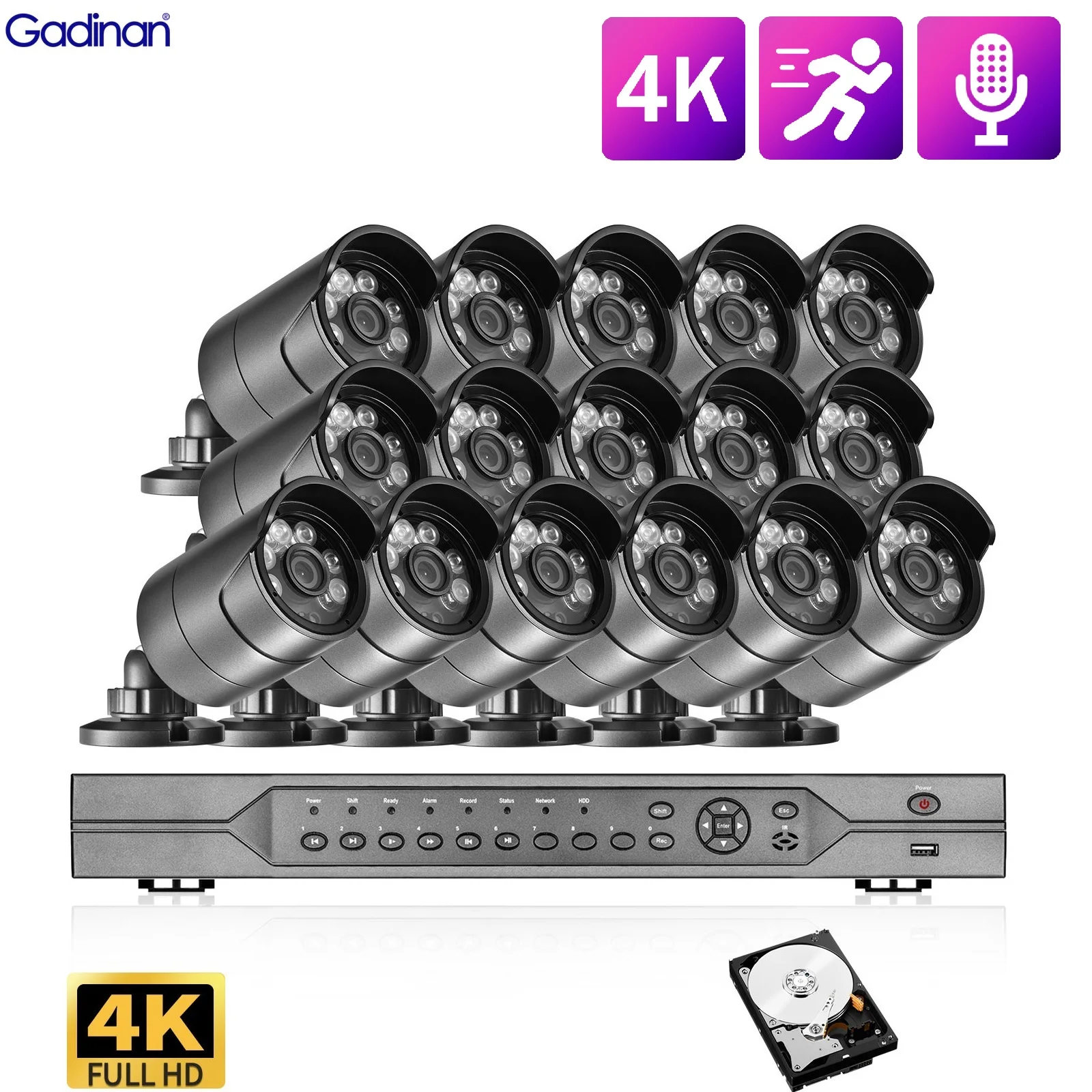 Gadinan 8MP HD IP Surveillance Camera Intelligent AI humanoid Detection HDR 16CH 4K POE Camera Security System Kit Set