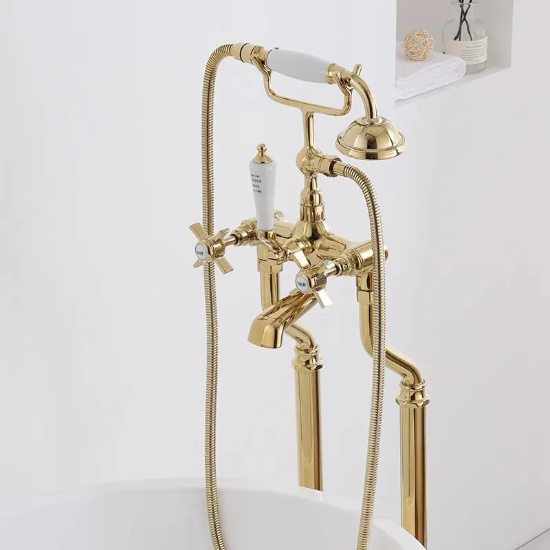 

Bathtub Faucet Set Floor Decked Bathroom Classical Top High Quality Gold American Style Ceramic Handle Shower Faucet