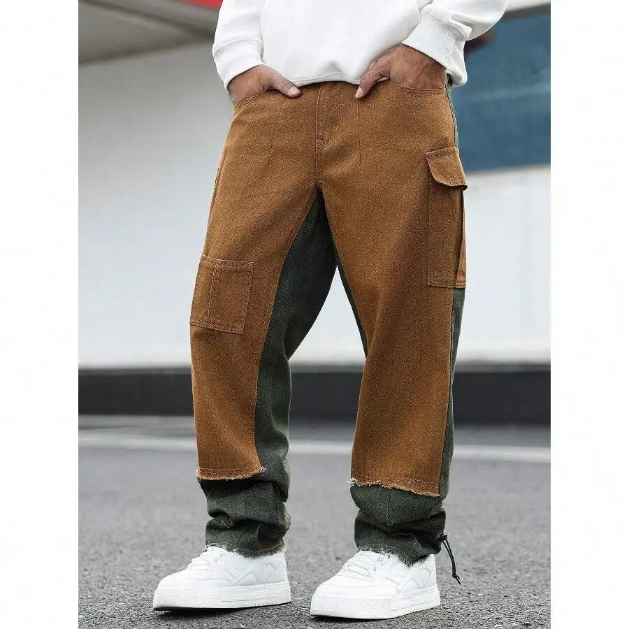 Mens Contrast Color Frayed Hem Cargo Baggy Denim Pants Wide Leg Casual Street Wear