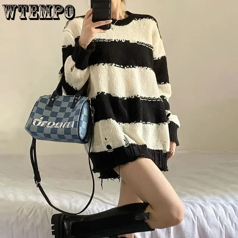 Gothic Punk Hole Sweaters Women Fashion Harajuku Oversize Pullover Sweater Knitted Jumper Fashion Striped Sweater Wholesale