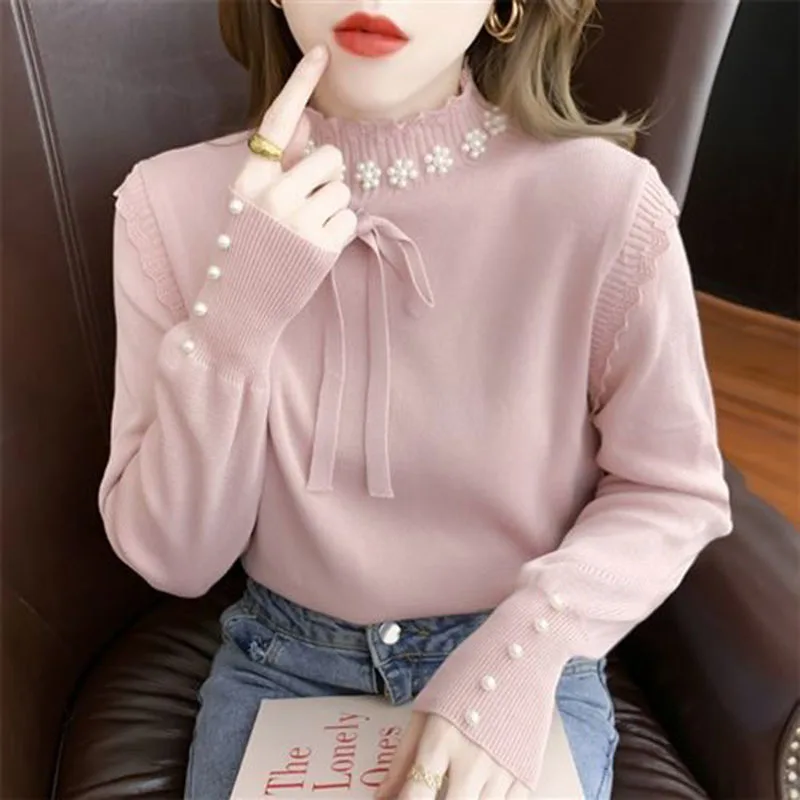

Autumn New Lace Studded knitted Bottom Sweater Women Pullover Long Sleeve Loose All-match Casual Knitwear Female Jumper Tops