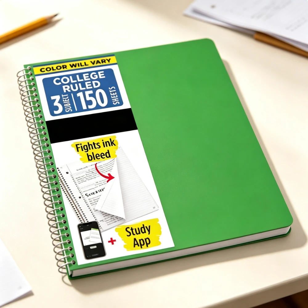 3 Subject College Ruled Spiral Notebook, 150 Ink Bleed Resistant Lined Sheets, Flexible Cover, Pre 3-Hole Punched, Assorted Solid Colors for College High School Office Note Taking