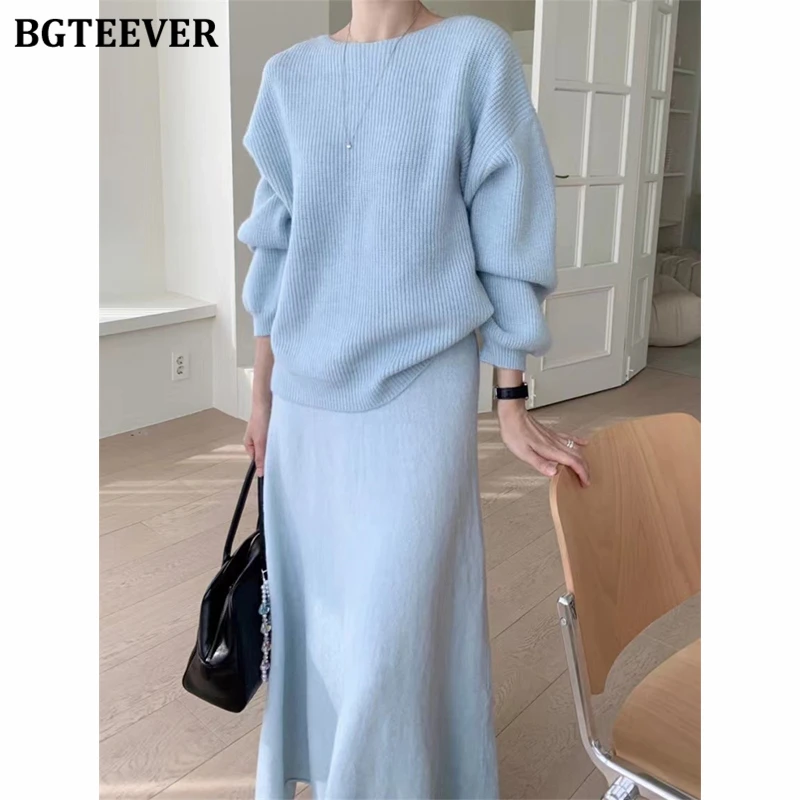 BGTEEVER Autumn Winter Casual Warm Ladies Solid Knitted Skrits Set Long Sleeve O-neck Pullovers Sweaters & Package Hip Skirts