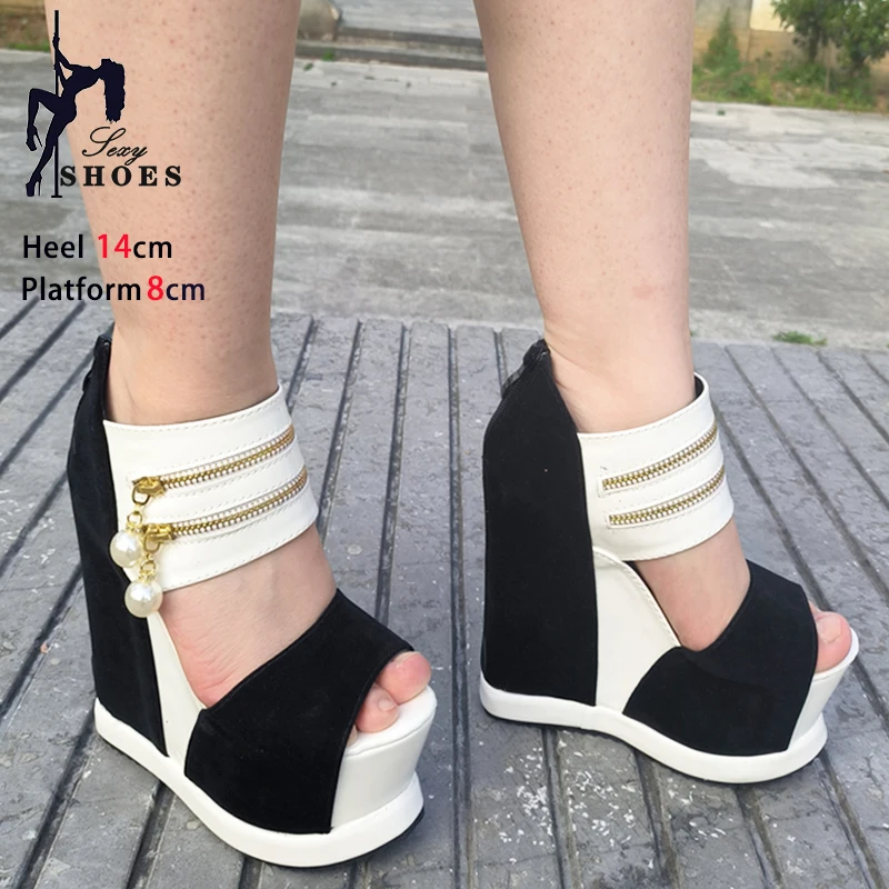 Women Zipper High Heels Summer Lady Thick Bottom Wedges Sandals 14CM Comfortable And Soft Slip-On Party Shoes Feminino Sandalias