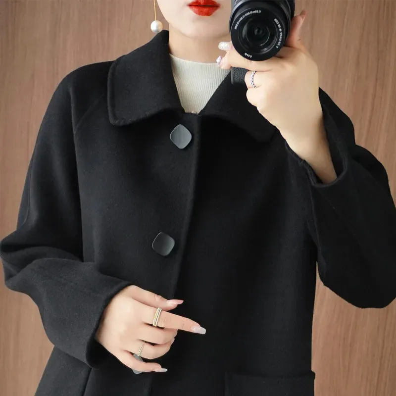 Autumn Winter New 100% Pure Wool Double-Sided Cashmere Coat Women Fashion Mid-Length Doll Collar Slim Wool Jacket Female B550