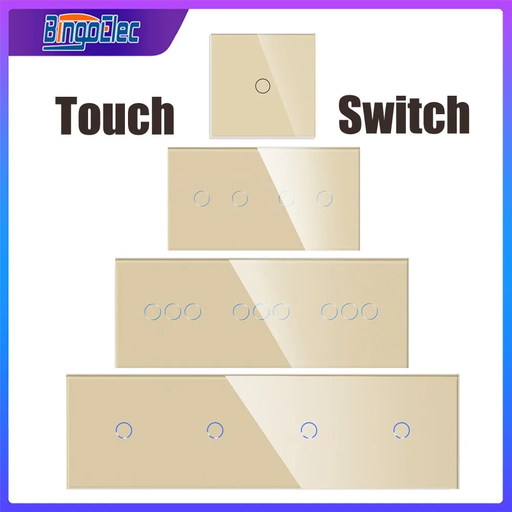 Bingoelec Touch Wall Switch Light Switches Gold Tempered Crystal Glass Panel 1/2/3/4gang Button AC100-240V Touch Interruptor