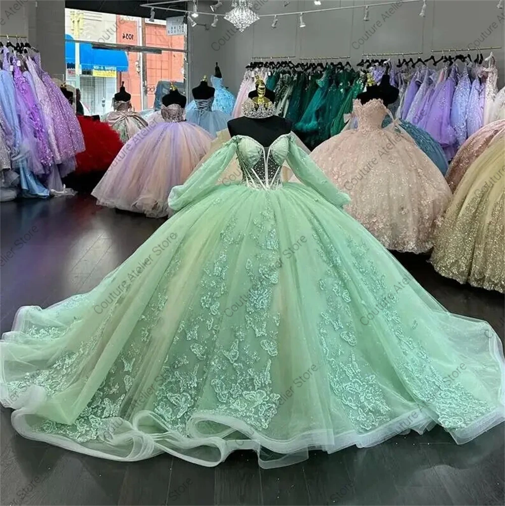 Cute Light Green Butterflies Three Quarter Sleeve Ball Gown Quinceanera Dress 2024 Sweet 16 Dress vestidos para quinceañeras