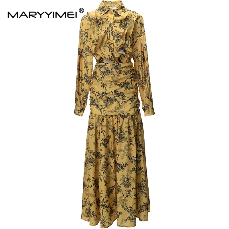 MARYYIMEI High Street Fashion Suit Designer Women\'s Lantern Sleeves Print Cardigan Ruffle Tops+High Split Long Skirt 2pcs Set