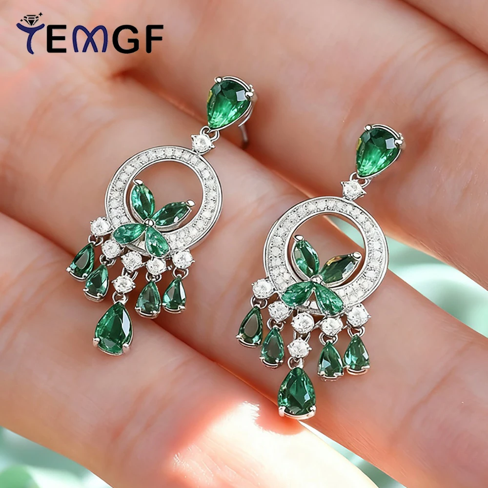 

TEMGF Pear Cut Green Zircon Drop Earrings for Women S925 Silver Tassel Ear Studs Wedding Banquet Luxury Shiny Ear Jewelry 1 Pair