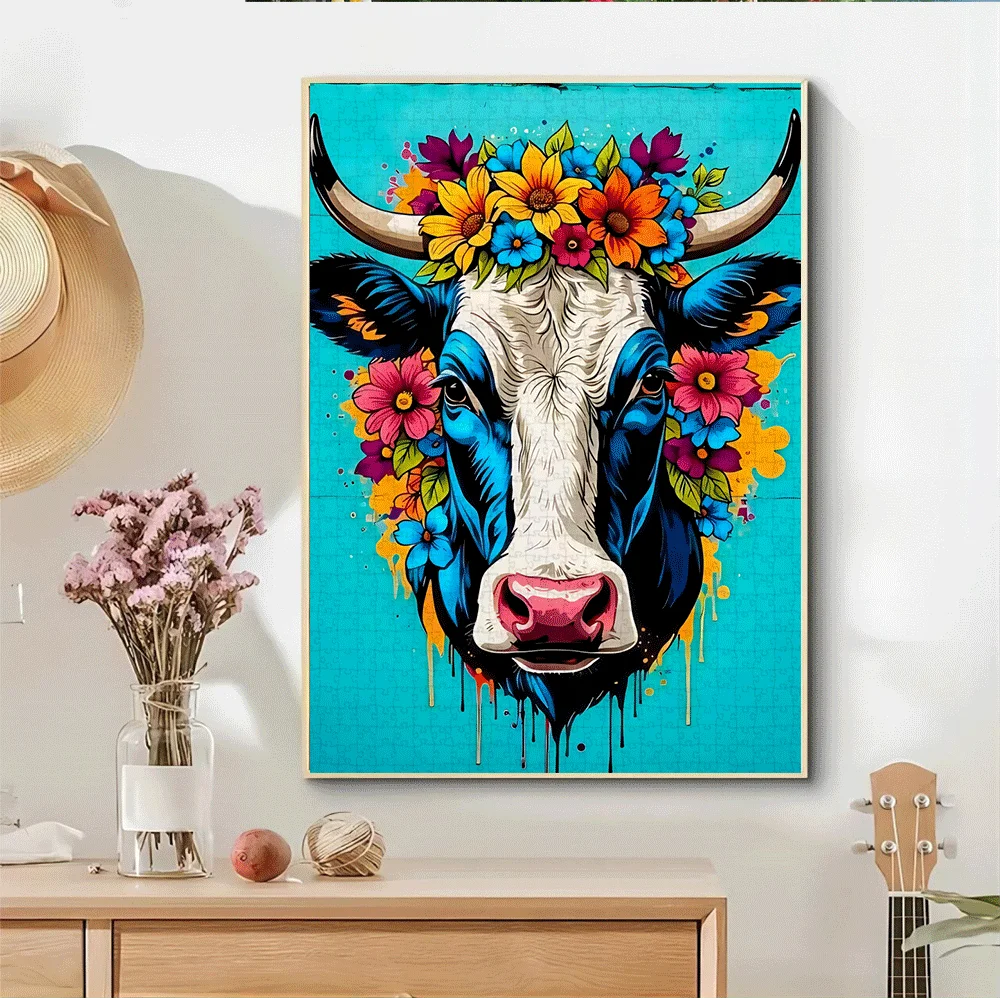 Quebra-Cabeça Vibrante com Tema Floral e Graffiti de Vaca, Jogo Intelectual para Adultos, Brinquedo Decorativo para Lazer em Casa