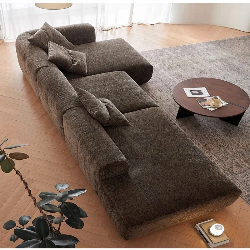 

French retro chocolate chenille modular three-seater living room sofa set L-shaped apartment villa casual floor corner sofa