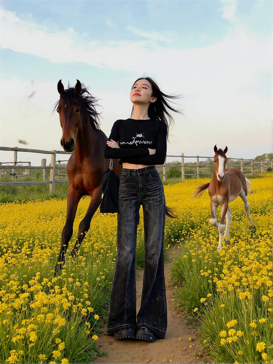 

Расклешенные потертые джинсы, женские джинсовые брюки 2025 года, женская одежда, летняя ультратонкая одежда с прямой промежностью, минималистичный, для парусного отдыха, сладкий