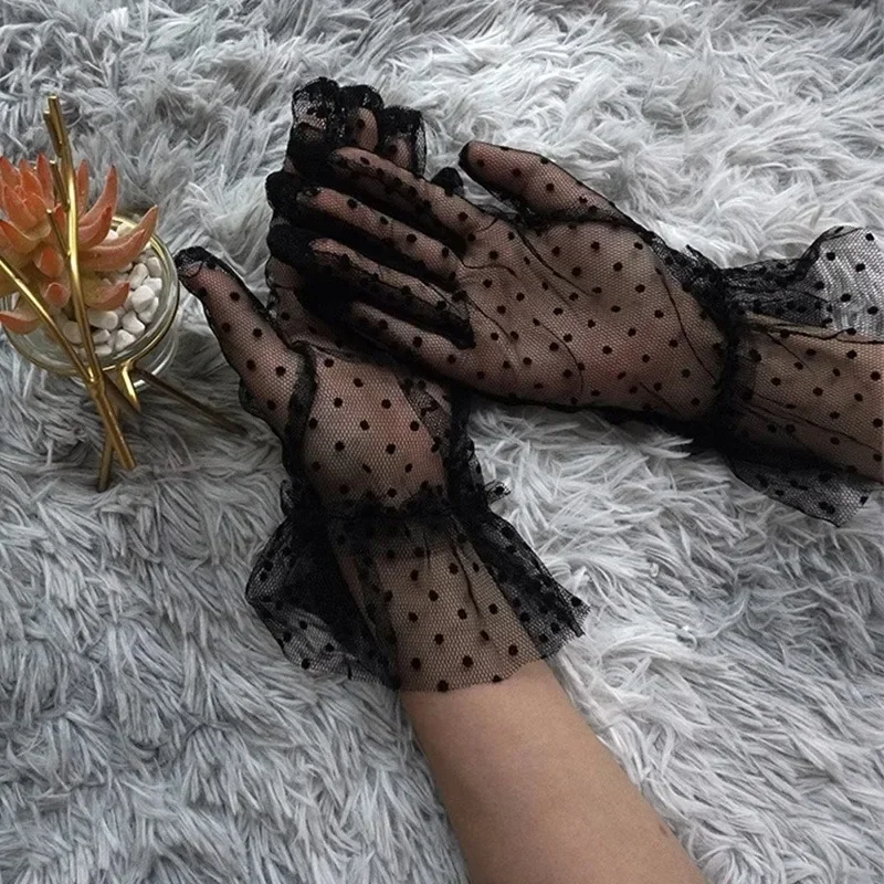 Sexy Transparentes Dot Print Black White Mesh Tulle GloveSpring Summer Thin Short Glove Club Prom Party Dancing Dress Glove