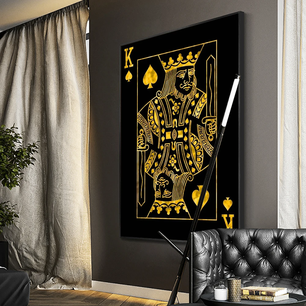 Gouden Koningin Koning Poker Zwarte Nordic Muur Prints En Posters Voor Woonkamer Werkkamer Muur Canvas Schilderij Foto - afbeelding 2