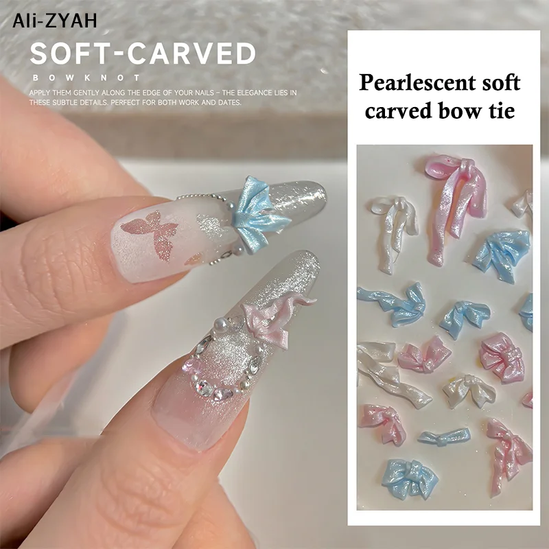 

【A1】48/72Pcs Nail Satin Light Charms Bowknot Jewelry Soft Carved Resin Bow Tie Nail Art Decoration Ribbon Bow Rhinestone DIY
