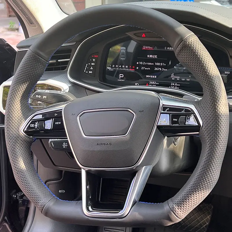 لأودي A6 C8/4K S6 A7 4K8 A8 D5/4N S8 E-Tron S GT (شكل D) غرزة يدوية جلدية مثقوبة غطاء عجلة القيادة الداخلي للسيارة