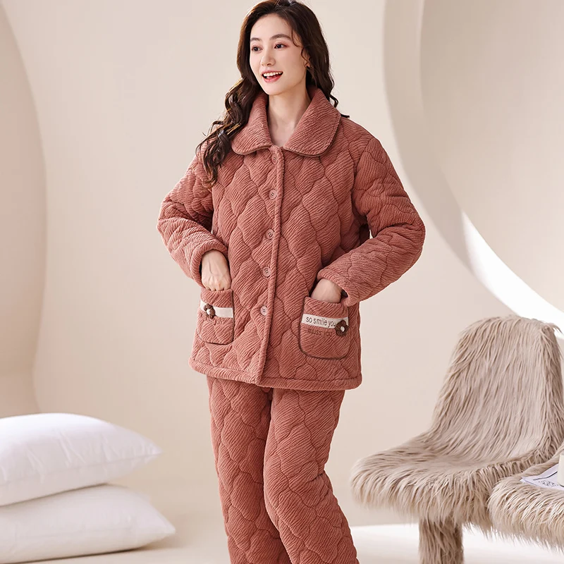 Winter Women Three Layer Clip Cotton Pijama Female Thick Turn-down Collar Solid Sleepwear