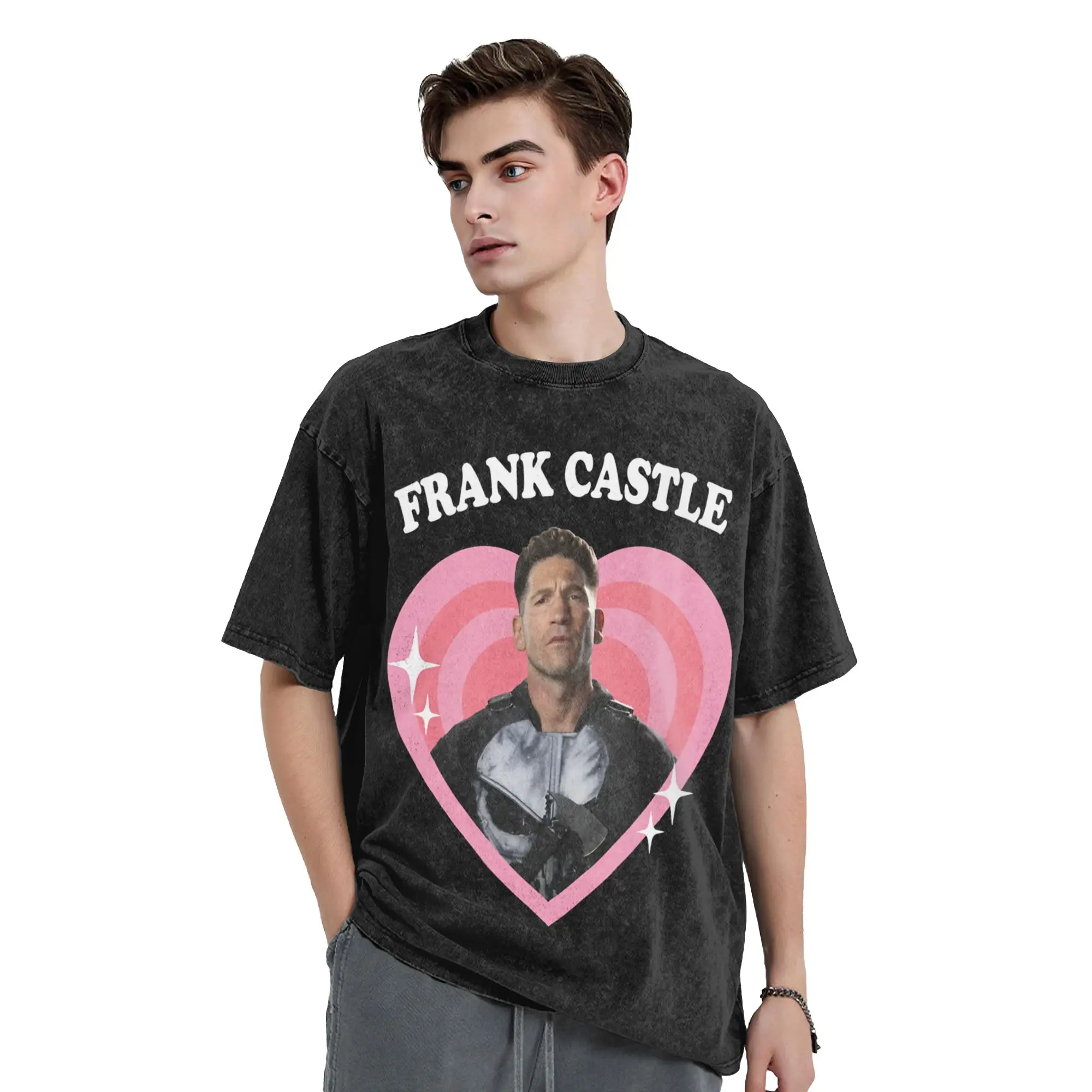 Frank Castle Retro Heart T Shirts Hip Hop Washed Short Sleeve Oversize T-Shirt  Casual Men Women Tops Streetwear Summer Tees
