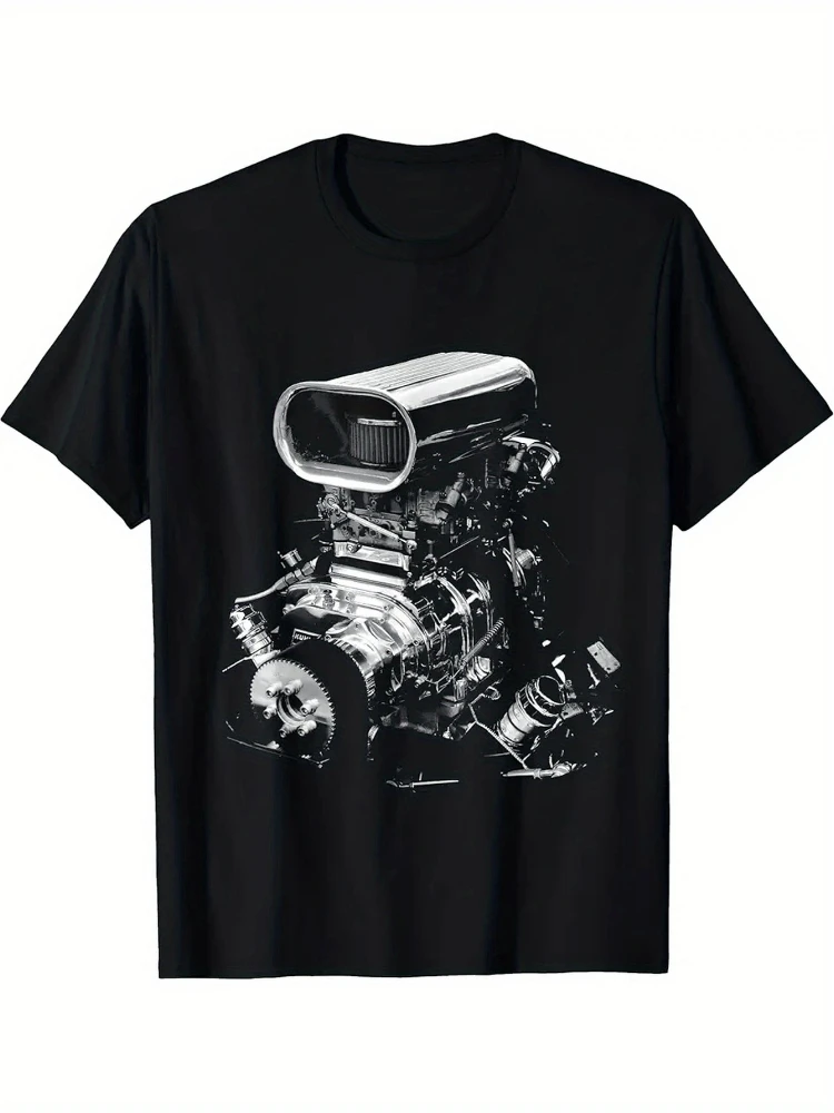 Vintage Blower Big Block Racing Car Engine Graphic& Automotive Design-100% cotton O-neck short sleeve printed men's T-shirt.