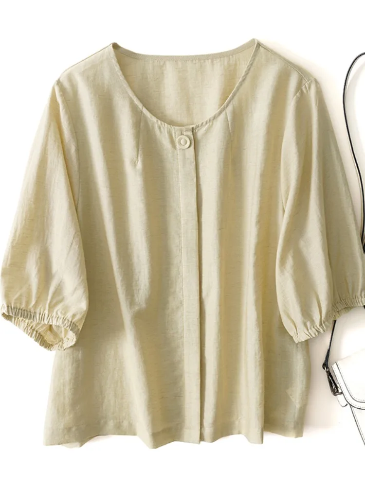 เสื้อผ้าลินินหรือผ้าฝ้ายทรงกลม สำหรับผู้หญิง ฤดูร้อน ผ้าบาง สบายๆ สีพื้น ระบายอากาศได้ดี ให้ลุคดูอ่อนเยาว์