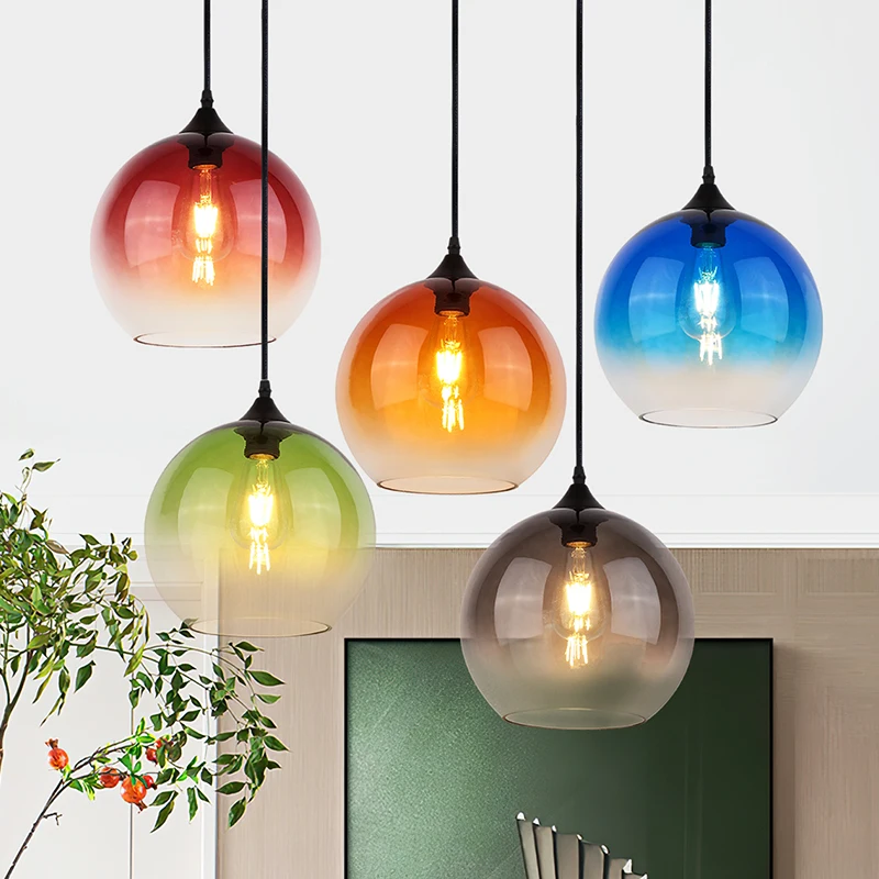 

Nordic Gradual Change of Color Glass Ball Small Chandelier Restaurant Study Bedside Lamp Single Head Simple Color Lampshade