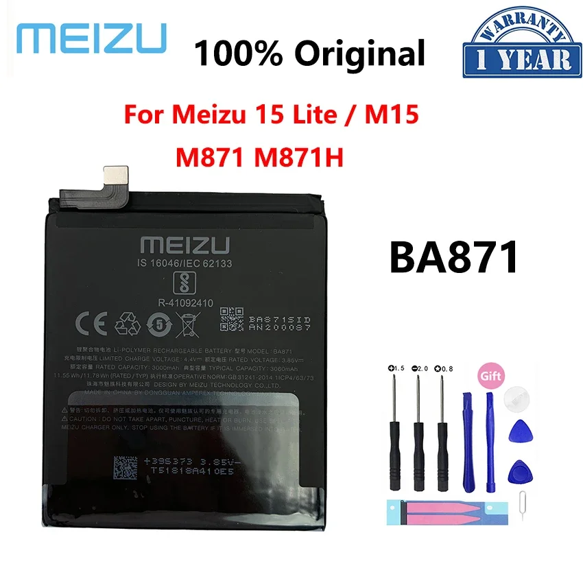 100% Original 3060mAh BA871 Battery For Meizu 15 Lite / M15 M871 M871H BA 871 Replacement Phone Batteries Bateria