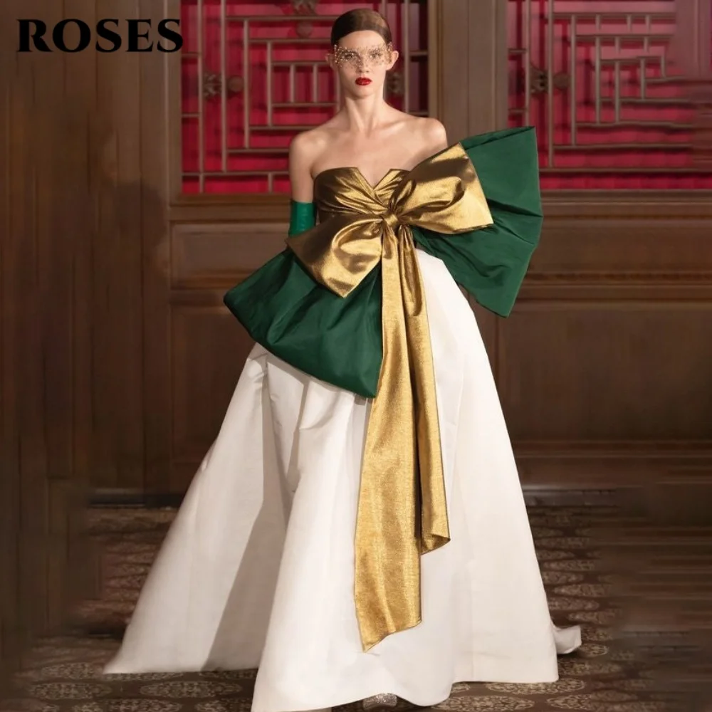 

ROSES Fashion Elegant Prom Dresses 3D-Bow Backless Celebrity Evening Gown for Woman Satin Red Capet Dress robe de bal Customized