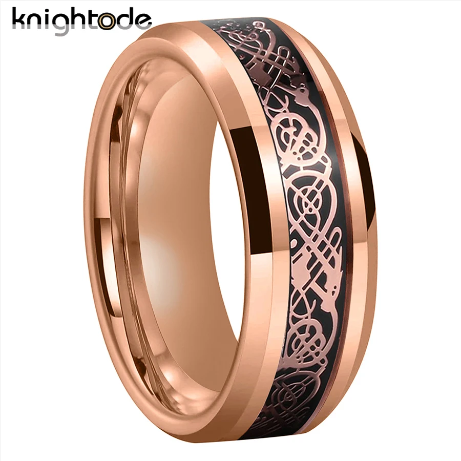 

8mm Tungsten Carbide Rings Rose Dragon/Black Carbon Fiber Inlay For Men Women Wedding Band Beveled Edges Polished Comfort Fit