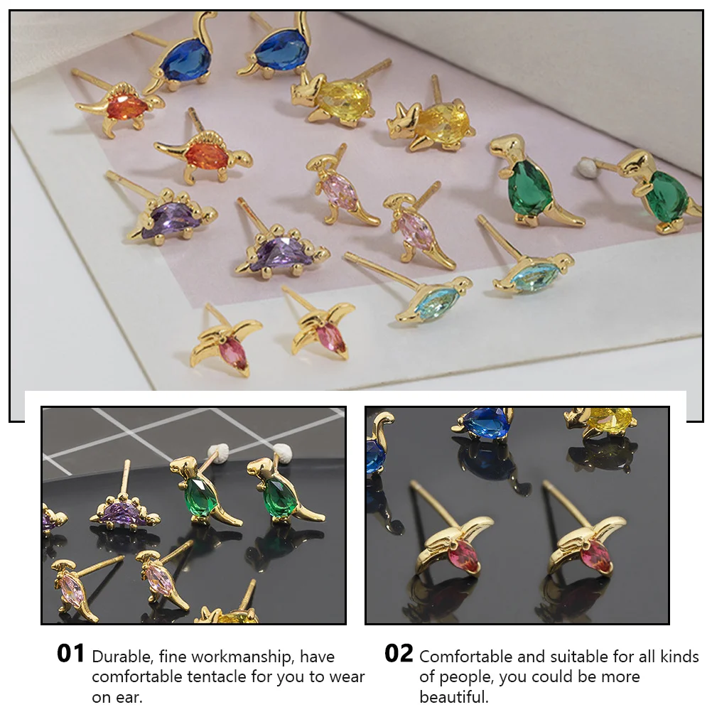 

4 Pairs Cartoon Dinosaur Earrings Cute Animal Stud Preserve Color Copper Creative