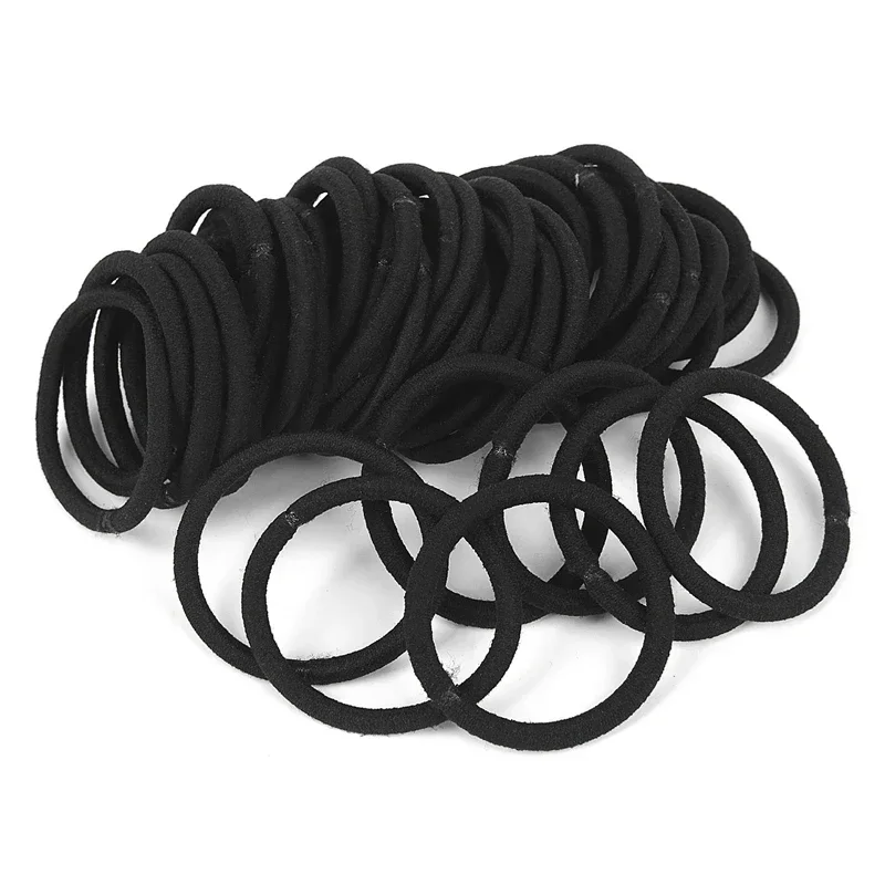 50 Pack Thick Heavy No-metal Elastic Hair Ties Black Rubber Ponytail Holders Hair Bands-3mm 4mm 6mm