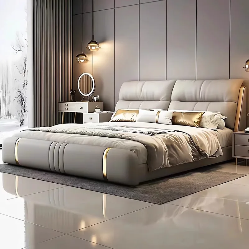 Modern Luxury  Bedroom Furniture Wood Soft Up-holstered Beds extra Large Double Bed Frame Leather Set Floating Storage Design