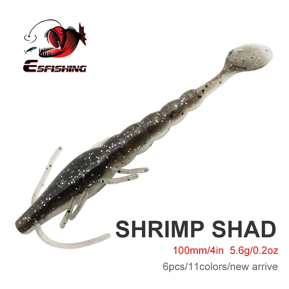 

ESFISHING Soft Silicone Baits Shrimp Shad 100mm 6pcs Crankbait For Bass Pike Catfish Pesca Fishing Lure