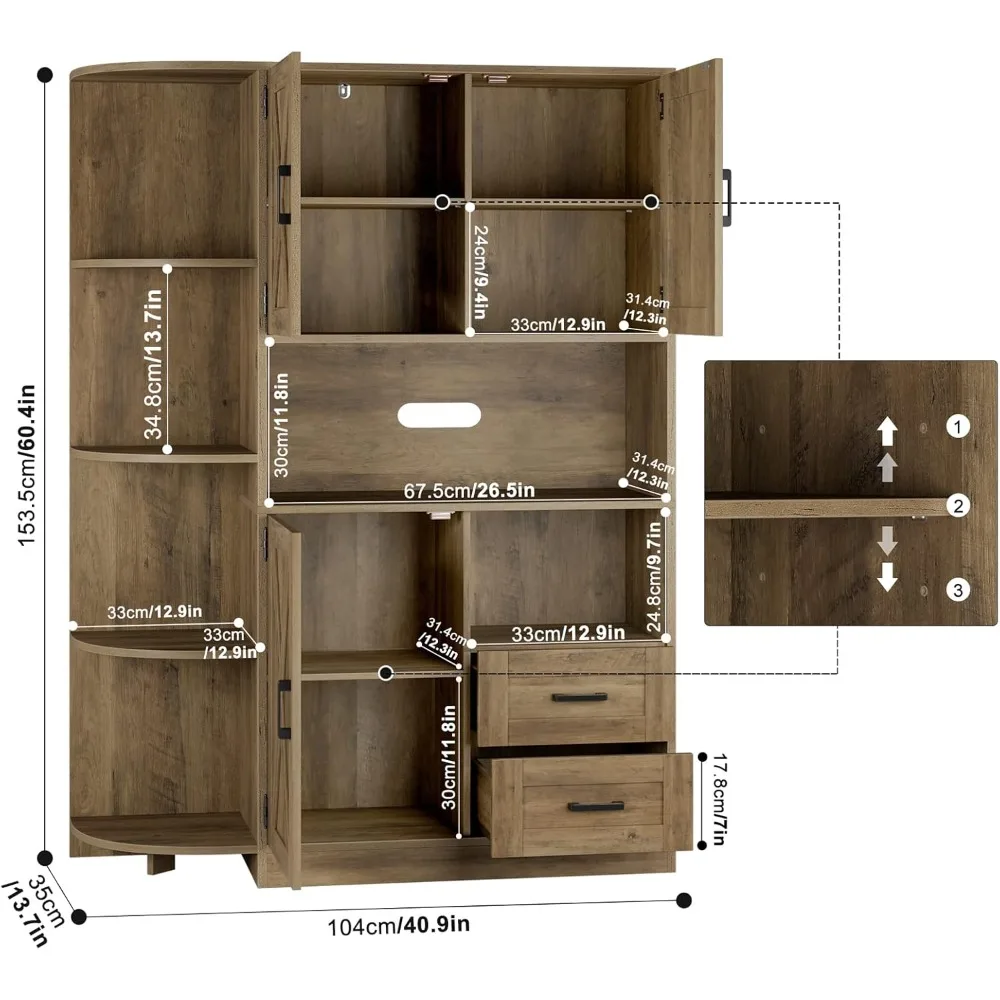 60.4” Farmhouse Kitchen Storage Cabinet, Buffet Sideboard with Microwave Rack, Rustic Brown