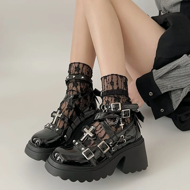 Nity Decor Chunky Platform Punk Ankle Boots Women 2024 Winter Pu Leather Black Boots Woman Metal Buckle Gothic Shoes