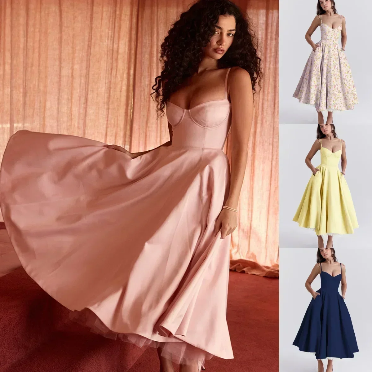 

Elegant Waisted Wrap Printed A-Line Midi Dresses Women's Spaghetti Straps 2025 Spring Summer Dresses Backless Sexy Party Dresses