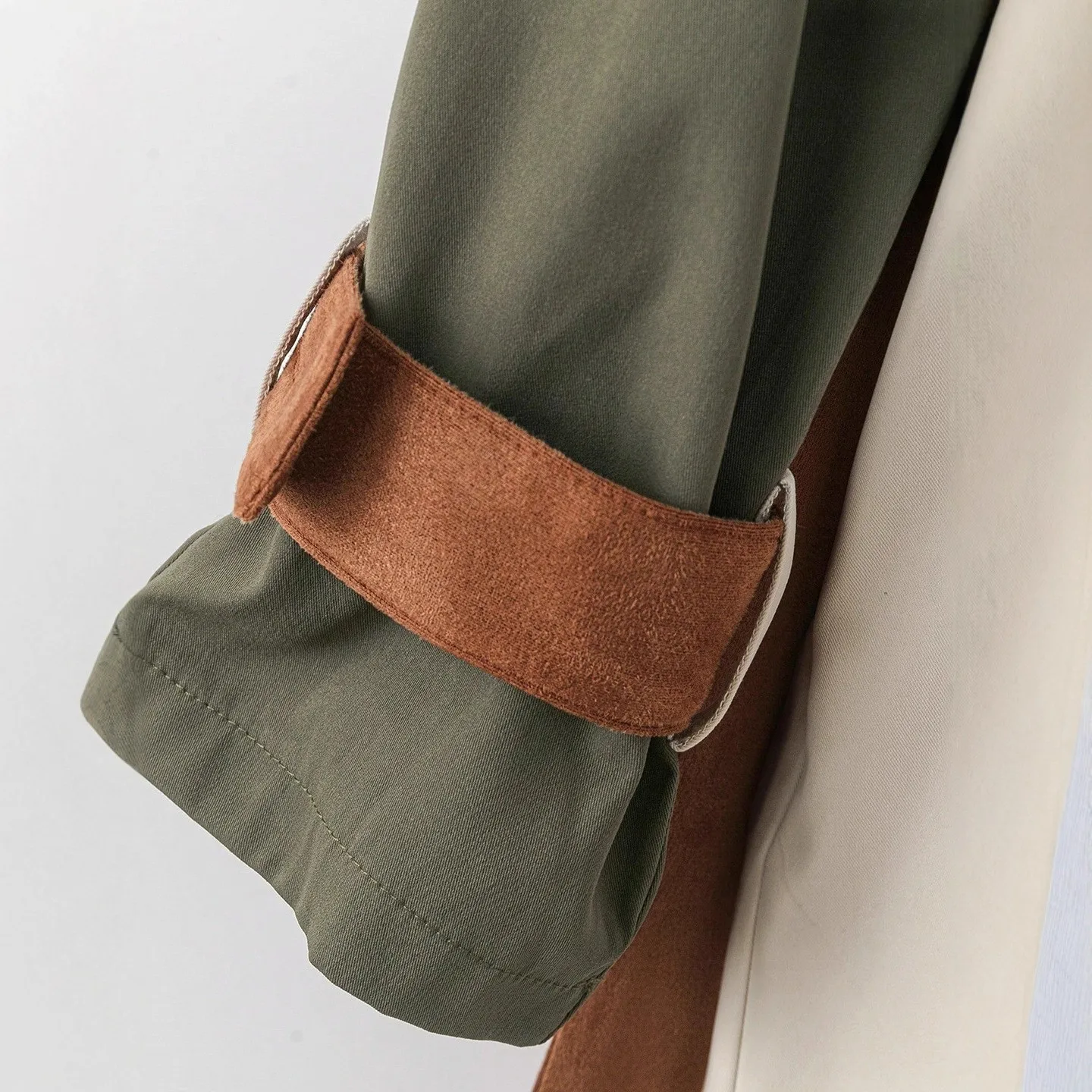Women Trench Coat Notched Lapel Long Sleeve Double Breasted Trench Belted Waist Raincoat Olive Green Accent Waterproof Coat view 5