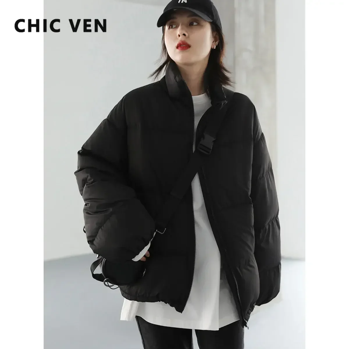 

CHIC VEN Fashion Women's Bread Down Jacket Short 90 White Duck Down Thick Warm Down Coat for Woman 2024 Winter Loose Overcoat