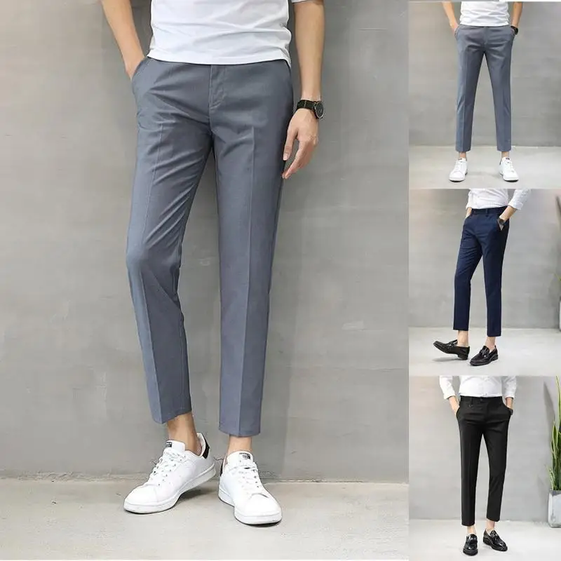 Men Pants Spring Summer Autumn Casual Slim Elastic Long  Trousers Chinos Slacks Ankle Length No Ironing Black Blue Grey