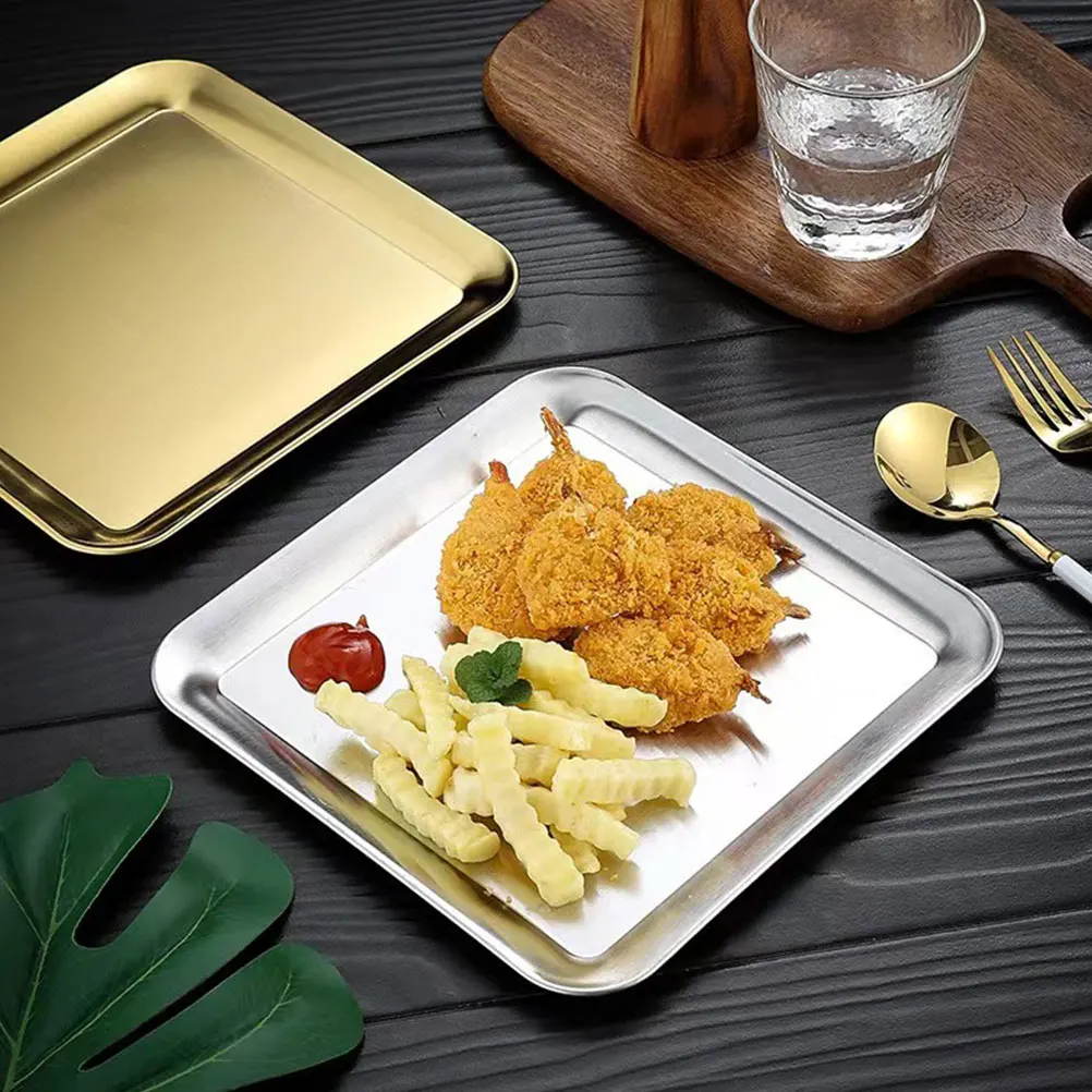 

2 Pcs 304 Stainless Steel Square Baking Pan Thickened BBQ Tray Golden Silver Metal Food Serving Trays Oven Baking Plates
