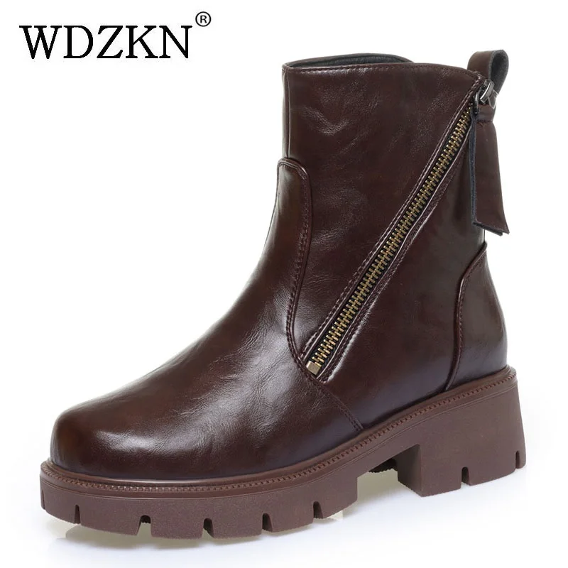 

WDZKN 2026 Женские ботильоны на толстом каблуке, зимние ботильоны из натуральной шерсти, теплые повседневные кожаные ботинки на массивной платформе с круглым носком и мехом в уличном стиле