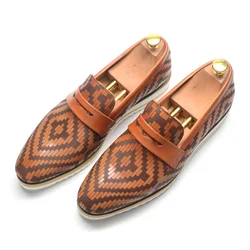 Fashion Mens Genuine Leather Sneakers Penny Loafers Woven Pattern Brown Black Casual Shoes Size 38 to 46 Mocassins for Men