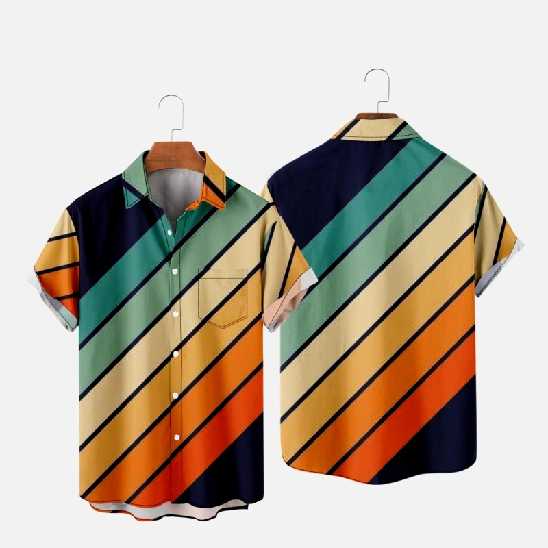 Time and space magic striped men's fashion shirts Hawaiian short-sleeved shirts Single button V-neck casual street men clothing