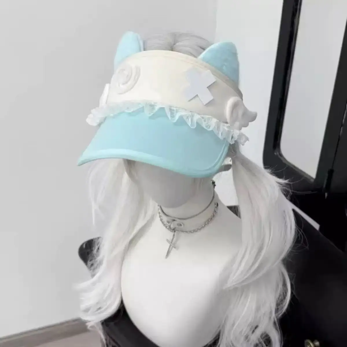 Y2K Kawaii Cat Ear Sun Visor Hat Women Open Top Wide Brim UV Protection Adjustable Abby Lace Cute Cosplay Summer Cap
