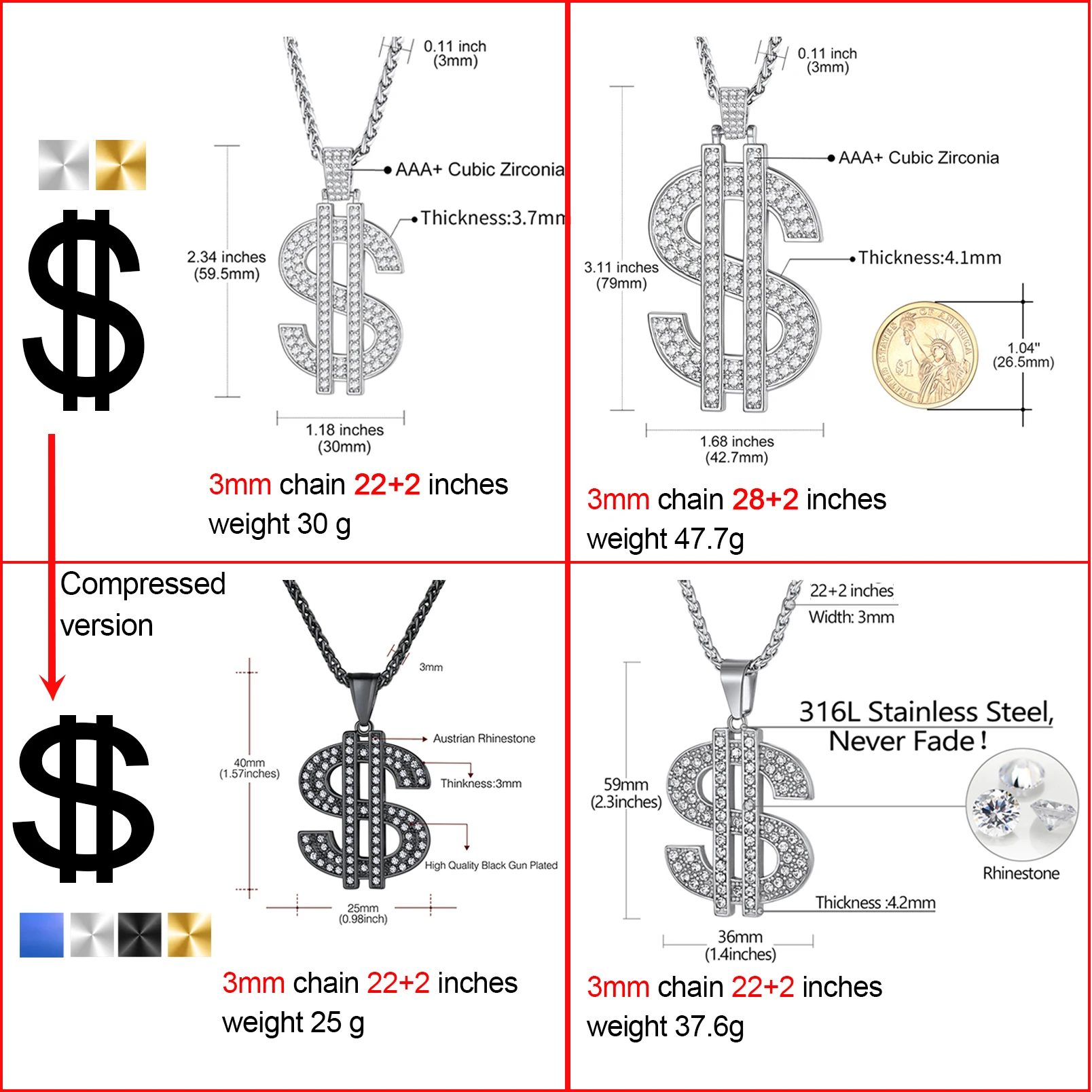 U7 US Dollar Sign Necklaces for Man Woman White CZ Paved Setting Size S/M/L Dollar Sign Pendant Gothic Hip Pop Jewelry Gift