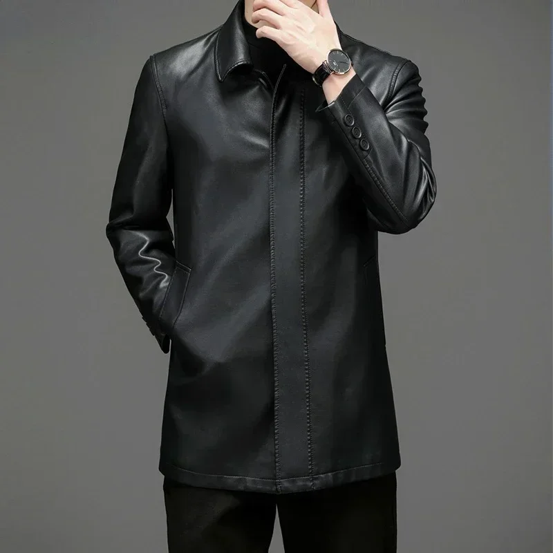 7XL Genuine Leather Jacket Men's Clothing Midi Long Winter Plush Warm Leather Windbreaker Male Large Size Mens Leather Jacket F