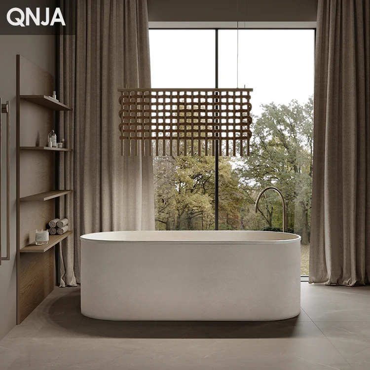 Factory Customized Beige Cream Bathtub Whirlpools Solid Surface Stone Bathtub for Home Bathroom Hotel