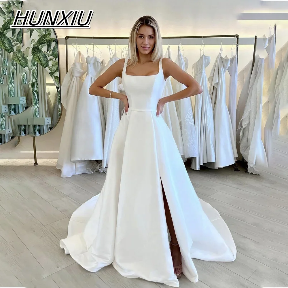 Customized Simple A Line Wedding Dress Spaghetti Straps Square Collar Satin Backless Side Slit Bridal Gowns Vestidos De Novia
