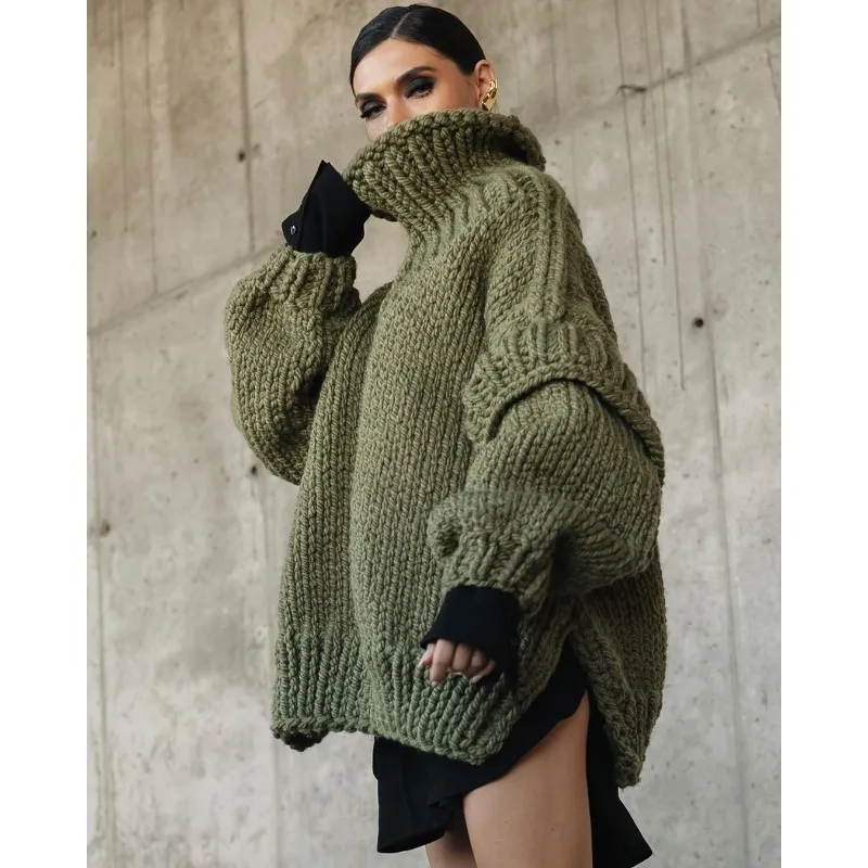 2023 Autumn Winter Pullover Sweater Women's Solid Color Knitted Sweater Women's Casual Long Sleeve Turtleneck Loose Sweater Top