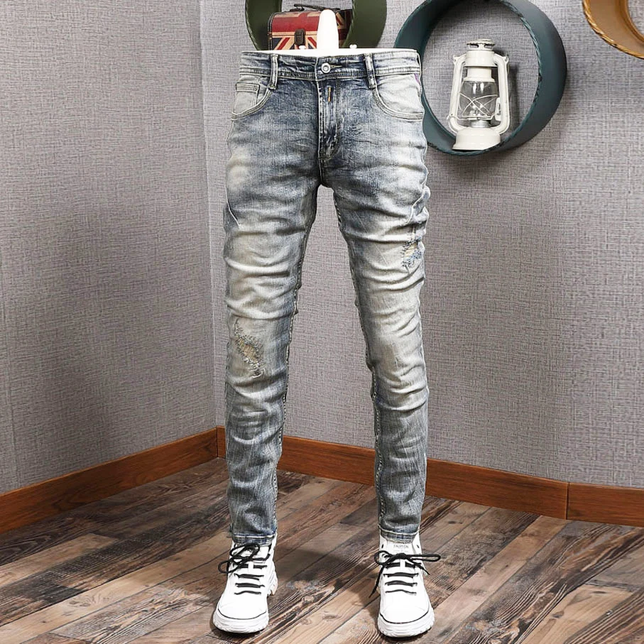 

Streetwear Fashion Men Jeans Retro Blue Elastic Slim Fit Ripped Jeans Men Patchwork Vintage Designer Casual Denim Pants Hombre